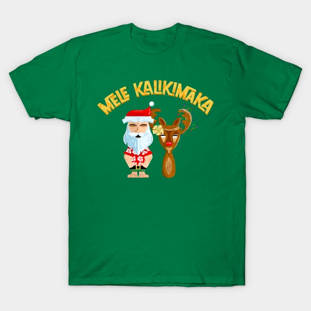 Mele Kalikimaka Tiki Santa Clause and Reindeer Funny Hawaiian Christmas T-Shirt by ksrogersdesigns